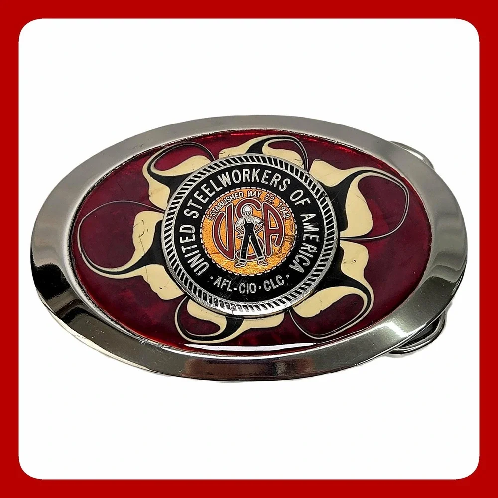 Vintage USWA Steelworkers AFL CIO Union Red Swirl Enamel Oval Mens Belt Buckle